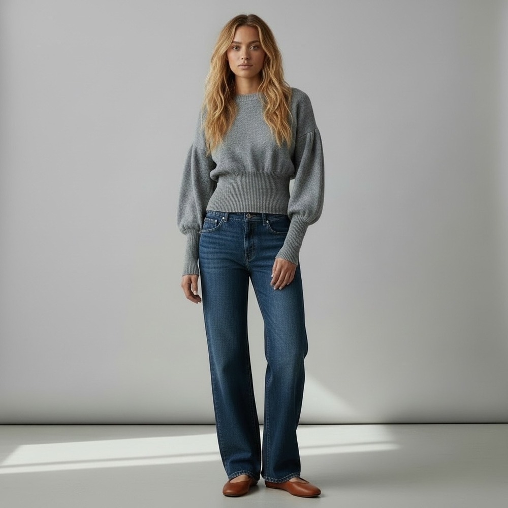 Tanya Taylor | 100% Wool Knit Puff Sleeve Sweater XS Grey‎ Ribbed Waistband Crew